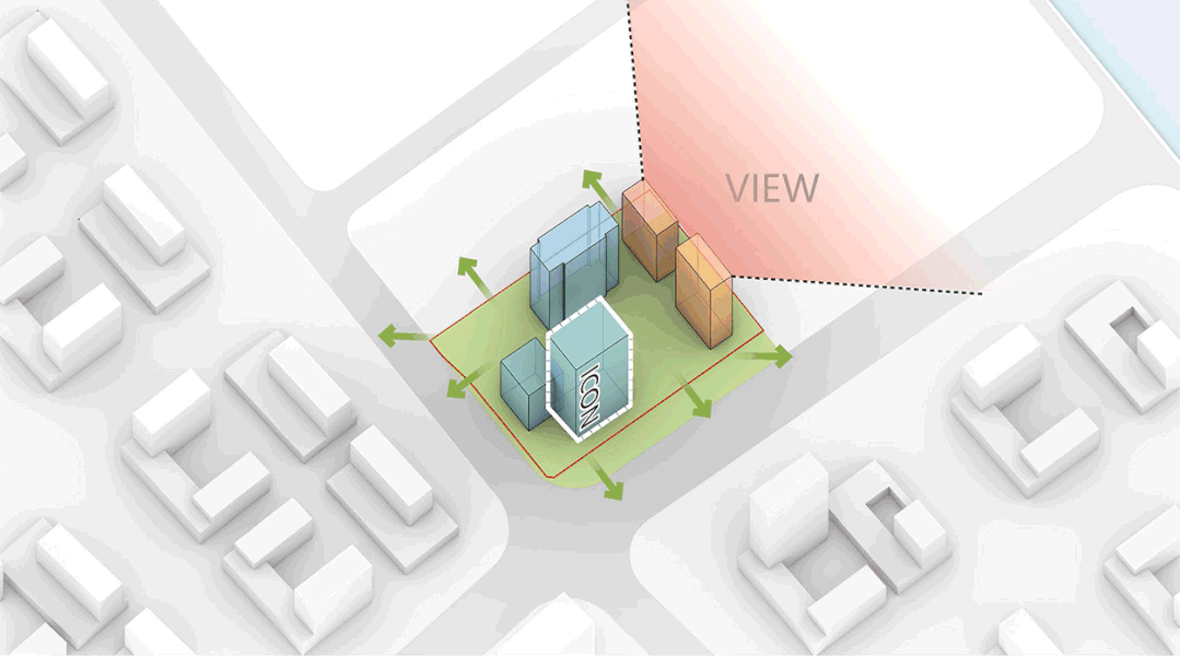 米到120 米的塔楼,退台式主塔设置于场地西南角,呼应城市规划天际线